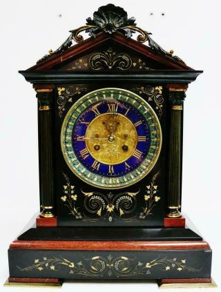 Deluxe Antique French 8 Day Black & Red Marble & 2 Tone Bronze Mantel Clock