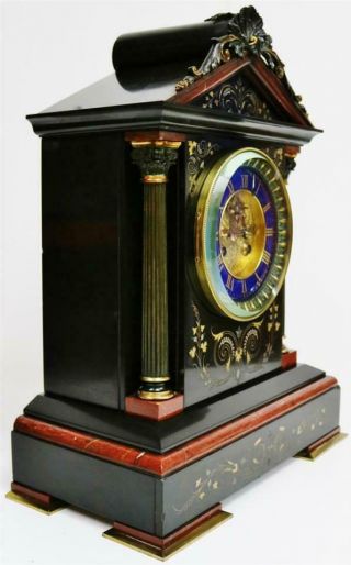 Deluxe Antique French 8 Day Black & Red Marble & 2 Tone Bronze Mantel Clock 2