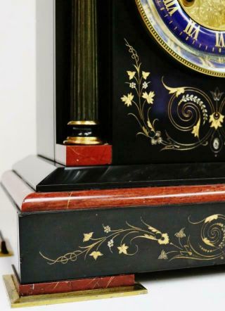 Deluxe Antique French 8 Day Black & Red Marble & 2 Tone Bronze Mantel Clock 3