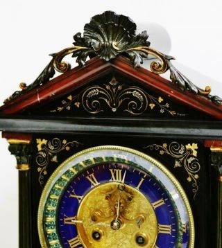 Deluxe Antique French 8 Day Black & Red Marble & 2 Tone Bronze Mantel Clock 5