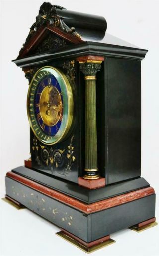 Deluxe Antique French 8 Day Black & Red Marble & 2 Tone Bronze Mantel Clock 8