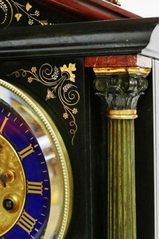Deluxe Antique French 8 Day Black & Red Marble & 2 Tone Bronze Mantel Clock 9