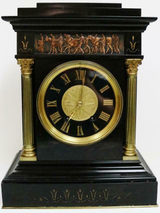 Unusual Antique French 8 Day Black Marble & Bronze 8 Bell Musical Mantel Clock