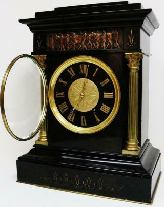 Unusual Antique French 8 Day Black Marble & Bronze 8 Bell Musical Mantel Clock 7
