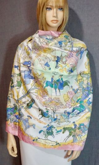 Vintage Hermes 100 Silk Twill Scarf Les Amazones Equestrian Pastels