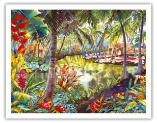 Hawaiian Hidden Lagoon Retreat - Peggy Chun Hawaii Watercolor Painting Art Print