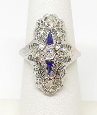 Antique ART DECO Estate Ring Natural Diamonds Blue Sapphire 18k White Gold 2