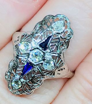 Antique ART DECO Estate Ring Natural Diamonds Blue Sapphire 18k White Gold 6