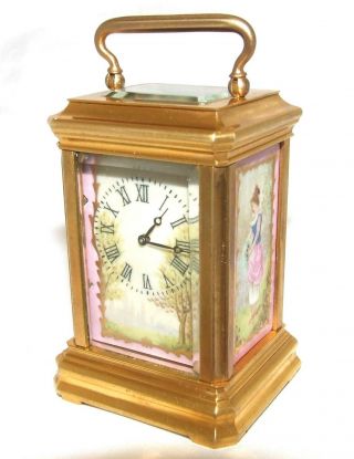 Antique 8 Day Miniature French Porcelain Panel Carriage Clock Timepiece