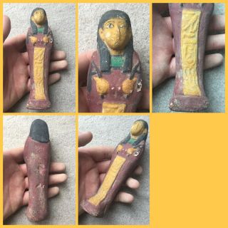Very Rare Red/yellow Ancient Egyptian Shabti With Hieroglyphics,  300 Bc.