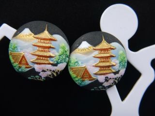 Vintage Toshikane Arita Japanese Porcelain Clip Earrings Mountain Pagoda Temple