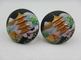 Vintage Toshikane Arita Japanese Porcelain Clip Earrings Mountain Pagoda Temple 2