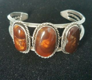 Rare Vintage Navajo Fire Agates Sterling Silver Cuff Bracelet 3 Stone Old Pawn