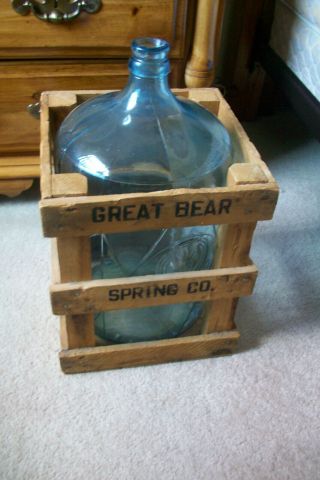 Vintage Glass 5 Gallon Water Bottle With Wooden Crate.  Great Bear