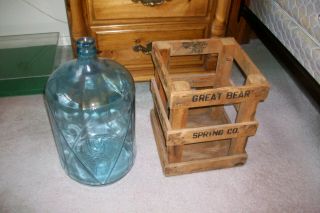 Vintage Glass 5 Gallon water bottle with wooden crate.  Great Bear 5