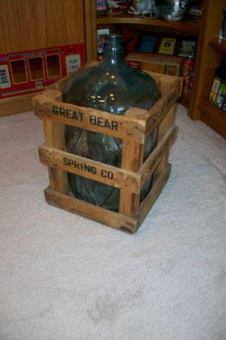 Vintage Glass 5 Gallon water bottle with wooden crate.  Great Bear 6