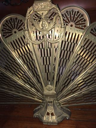 RARE Antique Ornate Brass Peacock Fireplace Fan Folding Screen Art Deco 2