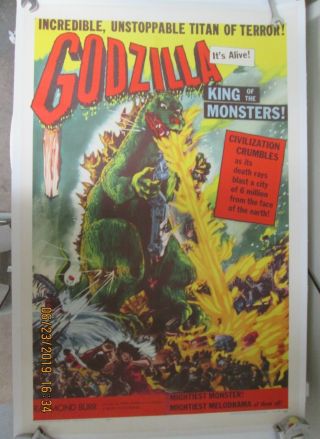 Godzilla King Of The Monsters 0riginal 1956 Movie Poster Near Linen Rare