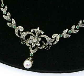 Antique heavy 18K WG 2.  20CTW diamond/emerald & 7.  5mm pearl pendant necklace 2