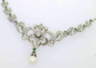 Antique heavy 18K WG 2.  20CTW diamond/emerald & 7.  5mm pearl pendant necklace 3
