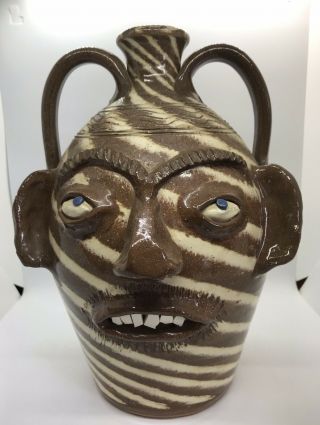 Vintage Charles Lisk Rare Early Face Jug 12 " Hand Signed Brown/cream Vale Nc