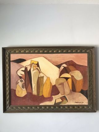 Mid Century Modern Abstract Oil Painting Signed 1963 Vintage Cubism