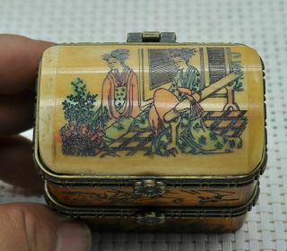 Chinese ancient old Bone carving hand - carved Jewelry box M42 3