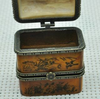 Chinese ancient old Bone carving hand - carved Jewelry box M42 5