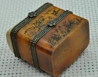 Chinese ancient old Bone carving hand - carved Jewelry box M42 6