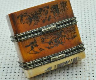 Chinese ancient old Bone carving hand - carved Jewelry box M42 7