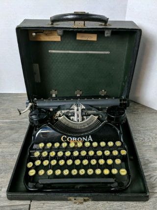 Vintage Corona Four Typewriter With Hard Case And Yellow Keys