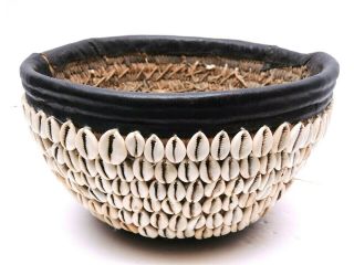 Vintage Nigerian Cowrie Shell Woven Money Basket Leather African Rare 10 "