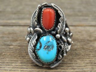 Vtg Navajo Signed Rn Sterling Heavy Morenci Turquoise Coral Mens Ring Sz 10.  5