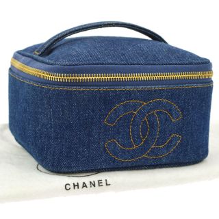 Authentic Chanel Cc Cosmetic Vanity Hand Bag Blue Denim Italy Vintage Jt06149c