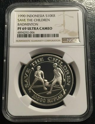 Indonesia 10000 Rupiah 1990 Silver Ngc Pf69uc Save The Children,  Rare