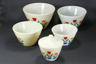 Vintage 6 Pc Set Fire King Oven Ware Tulip Nesting Bowls Grease Jar W/ Lid