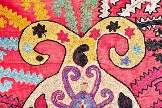 Antique 19th C.  Uzbek Lakai Suzani Embroidery Tapestry Central Asia Pomegranate