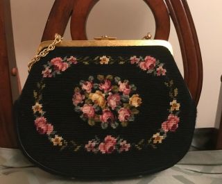 Vintage Dana David Inc Hand Stitched Needlepoint Floral Tapestry Purse 1940 ' s 2
