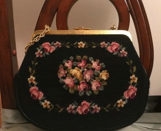 Vintage Dana David Inc Hand Stitched Needlepoint Floral Tapestry Purse 1940 ' s 3