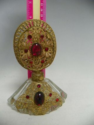 Vintage Czech Crystal Perfume Bottle Decanter Filigree & Red Rhinestones 8