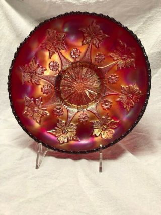 Fenton Little Flowers ANTIQUE CARNIVAL ART GLASS Footed BOWL Red 9 1/4 