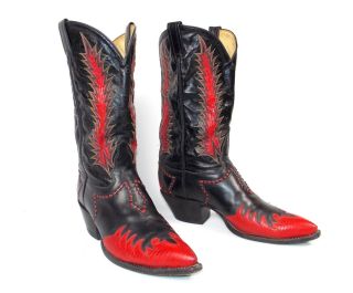 Tony Lama Classic Fire Walker Black Red Cowboy Boots - Men ' s 11D Inlaid Vtg 2