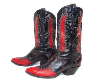 Tony Lama Classic Fire Walker Black Red Cowboy Boots - Men ' s 11D Inlaid Vtg 3