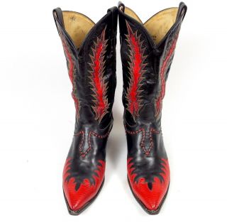 Tony Lama Classic Fire Walker Black Red Cowboy Boots - Men ' s 11D Inlaid Vtg 4