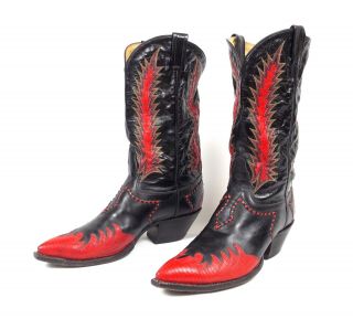 Tony Lama Classic Fire Walker Black Red Cowboy Boots - Men ' s 11D Inlaid Vtg 5