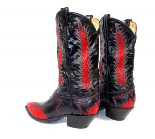 Tony Lama Classic Fire Walker Black Red Cowboy Boots - Men ' s 11D Inlaid Vtg 6