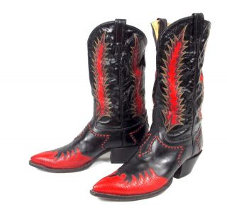 Tony Lama Classic Fire Walker Black Red Cowboy Boots - Men ' s 11D Inlaid Vtg 7