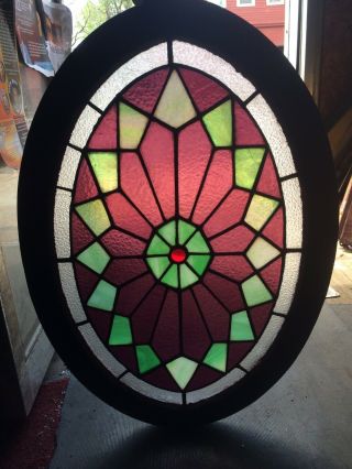 Rare Antique Oval Stained Glass Window Victorian Home Architectural 32” X 22”