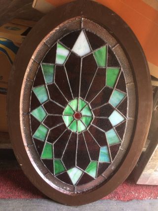 RARE Antique Oval Stained Glass Window Victorian Home Architectural 32” x 22” 2
