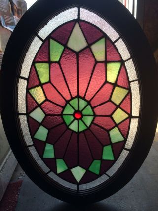RARE Antique Oval Stained Glass Window Victorian Home Architectural 32” x 22” 4